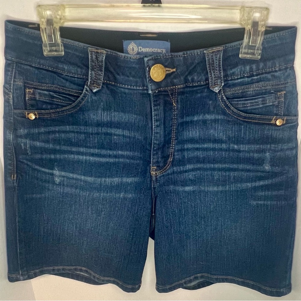 Democracy Gold-Accent Dark Blue Denim Shorts